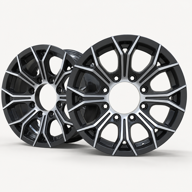 Set of 2 — 16x6 Trailer Wheel 8 Lug (8x6.5) Aluminum Black Machined — Rhino CW618