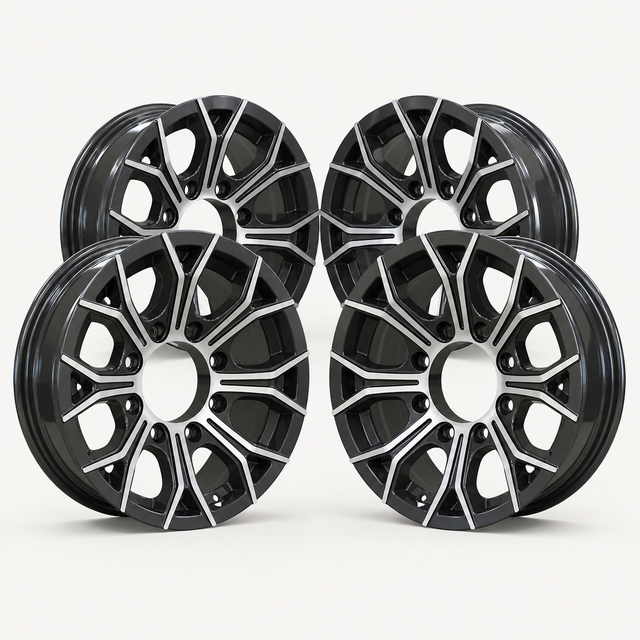 Set of 4 — 16x6 Trailer Wheel 8 Lug (8x6.5) Aluminum Black Machined — Rhino CW618