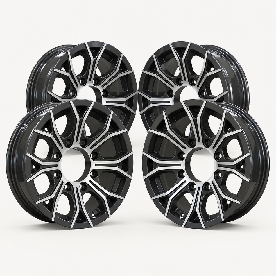 Set of 4 — 16x6 Trailer Wheel 8 Lug (8x6.5) Aluminum Black Machined — Rhino CW618