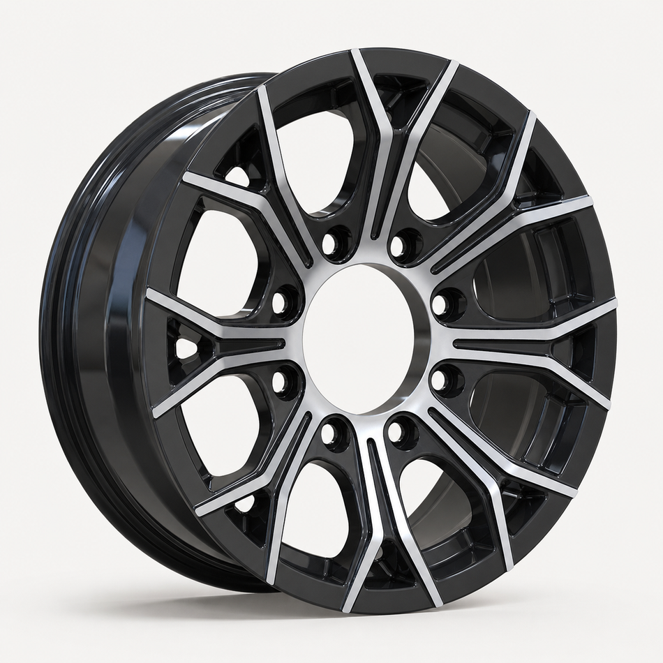 16x6 Trailer Wheel 8 Lug (8x6.5) Aluminum Black Machined — Rhino CW618