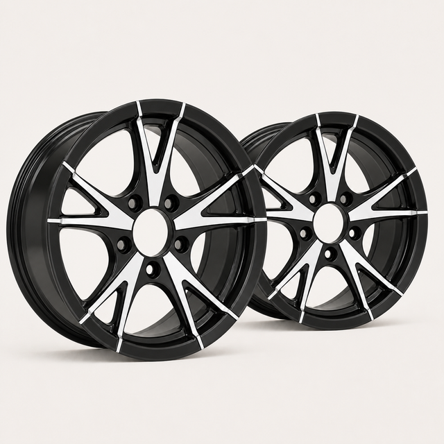 Set of 2 — 15x5 Trailer Wheel 5 Lug (5x4.5) Aluminum Black Machined — Rhino CW515