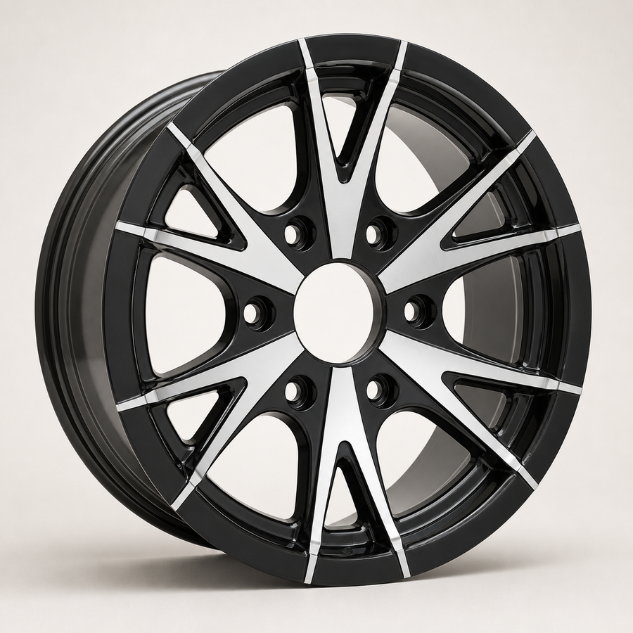 15x6 Trailer Wheel 6 Lug (6x5.5) Aluminum Black Machined — Rhino CW516