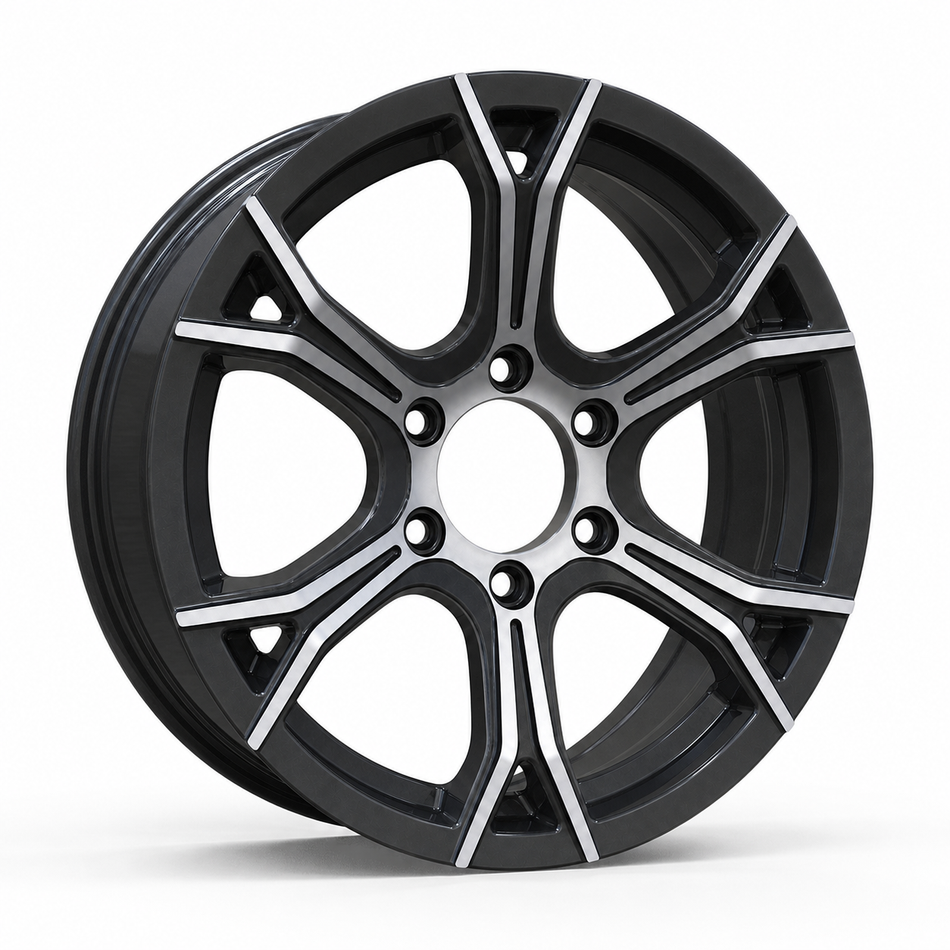 16x6 Trailer Wheel 6 Lug (6x5.5) Aluminum Black Machined — Rhino CW617