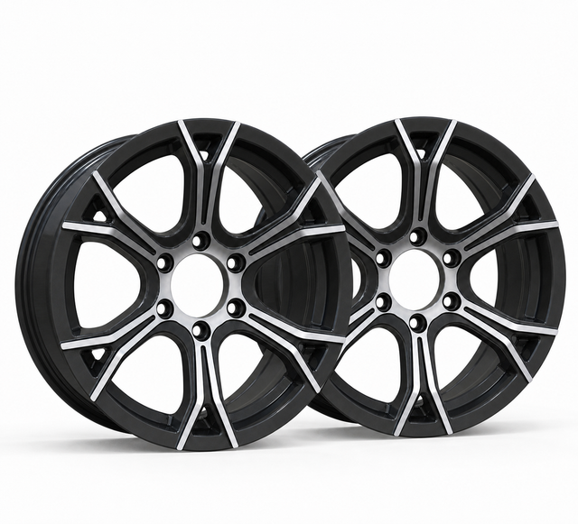 Set of 2 — 16x6 Trailer Wheel 6 Lug (6x5.5) Aluminum Black Machined — Rhino CW617