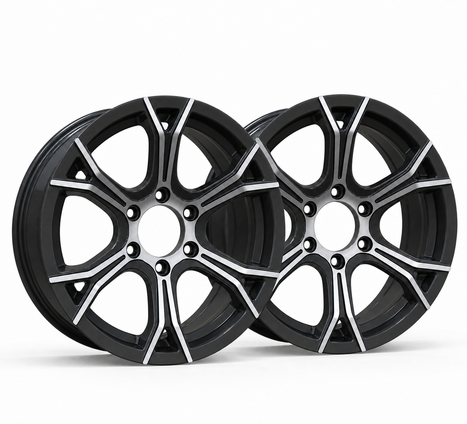 Set of 2 — 16x6 Trailer Wheel 6 Lug (6x5.5) Aluminum Black Machined — Rhino CW617