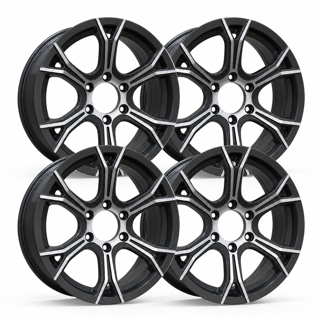 Set of 4 — 16x6 Trailer Wheel 6 Lug (6x5.5) Aluminum Black Machined — Rhino CW617