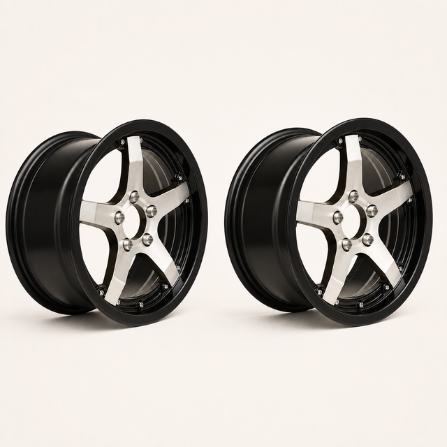 Set of 2 — 15x5 Trailer Wheel 5 Lug (5x4.5) Aluminum Black Machined — Rhino Classic 501