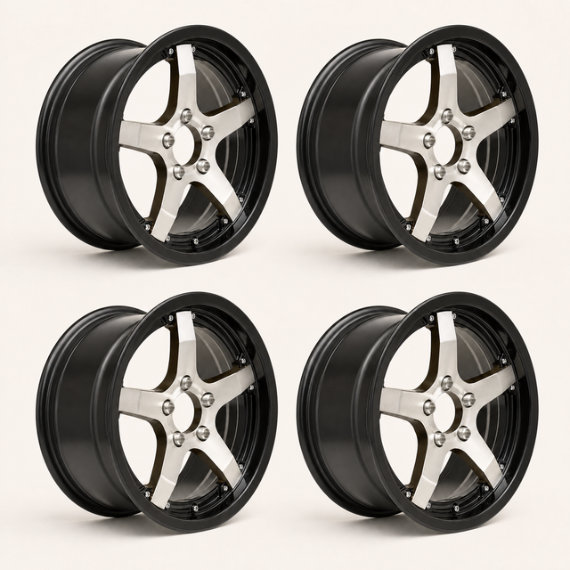Set of 4 — 15x5 Trailer Wheel 5 Lug (5x4.5) Aluminum Black Machined — Rhino Classic 501