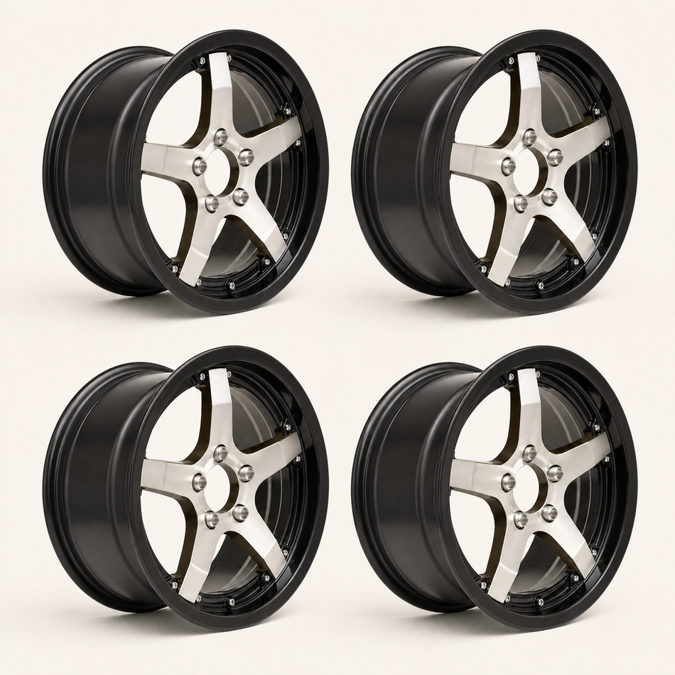 Set of 4 — 15x5 Trailer Wheel 5 Lug (5x4.5) Aluminum Black Machined — Rhino Classic 501