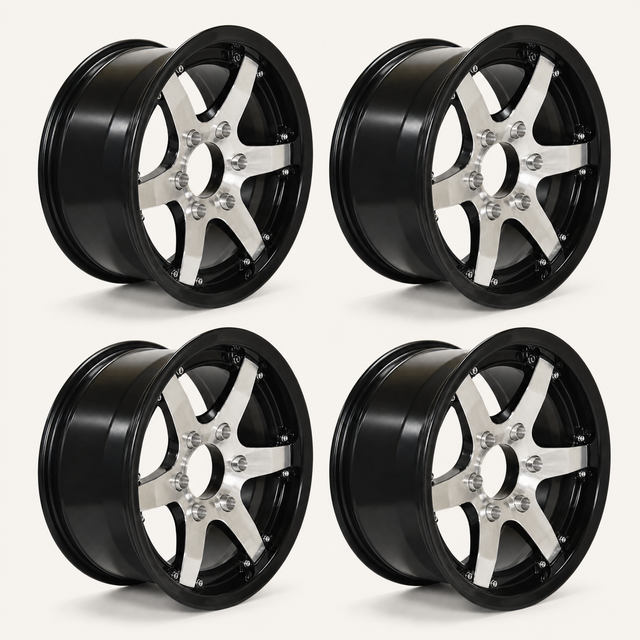 Set of 4 — 16x6 Trailer Wheel 6 Lug (6x5.5) Aluminum Black Machined — Rhino Classic 601