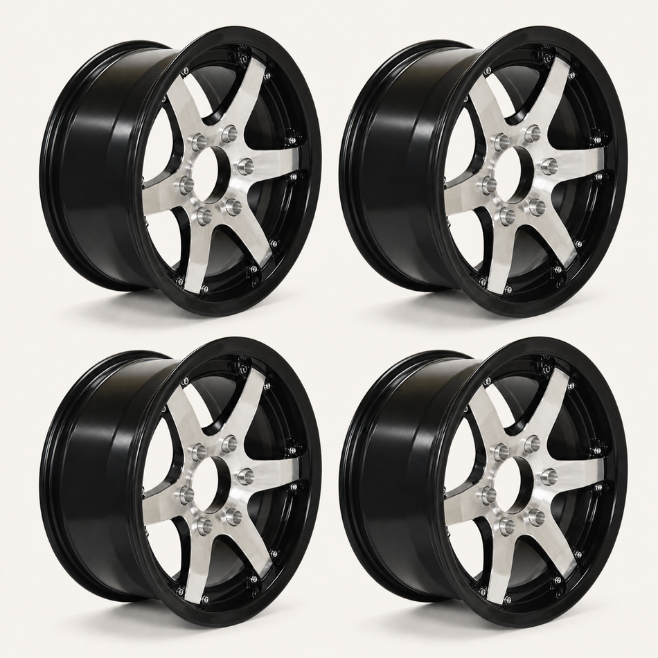 Set of 4 — 16x6 Trailer Wheel 6 Lug (6x5.5) Aluminum Black Machined — Rhino Classic 601