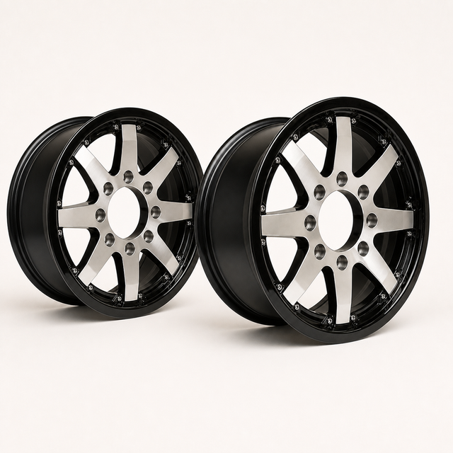 Set of 2 — 16x6 Trailer Wheel 8 Lug (8x6.5) Aluminum Black Machined — Rhino Classic 801
