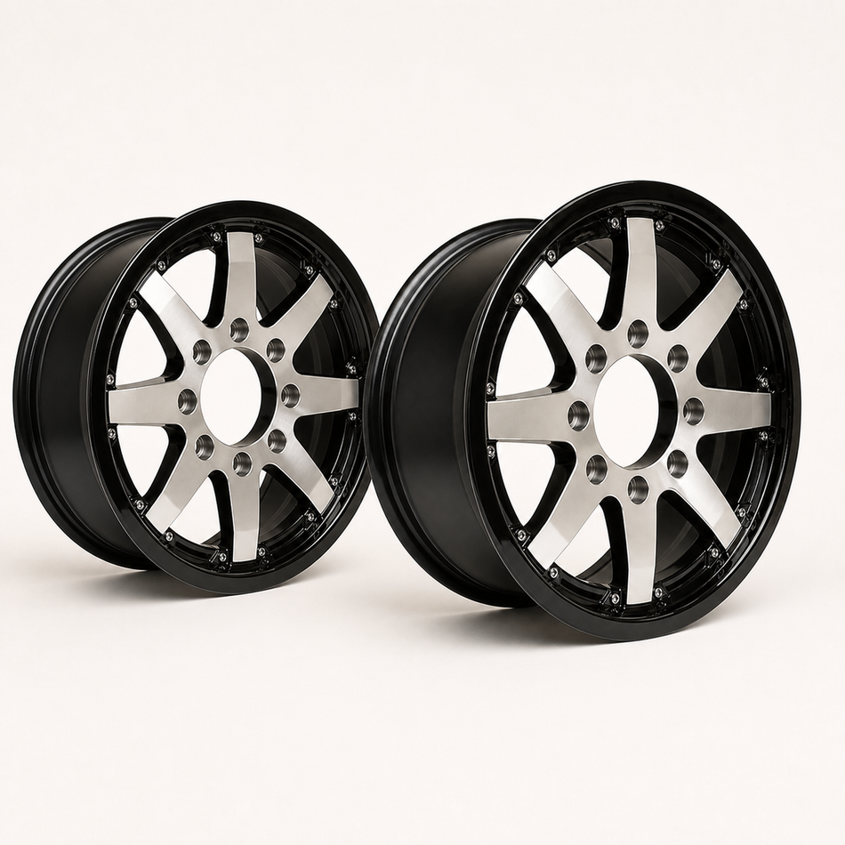 Set of 2 — 16x6 Trailer Wheel 8 Lug (8x6.5) Aluminum Black Machined — Rhino Classic 801