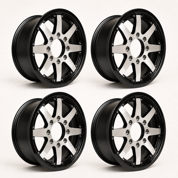 Set of 4 — 16x6 Trailer Wheel 8 Lug (8x6.5) Aluminum Black Machined — Rhino Classic 801