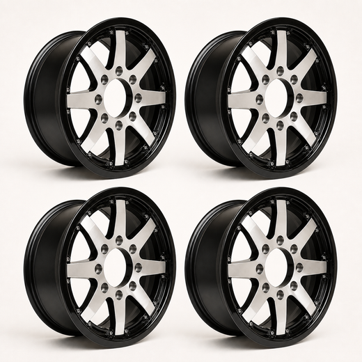 Set of 4 - 16x6 Trailer Wheel 8 Lug (8x6.5) Aluminum Black Machined - Rhino Classic 801