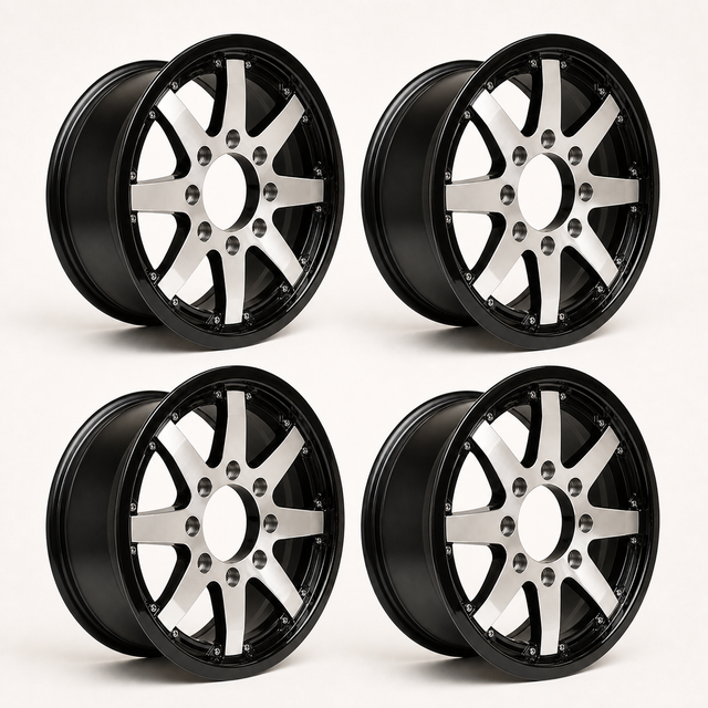 Set of 4 — 16x6 Trailer Wheel 8 Lug (8x6.5) Aluminum Black Machined — Rhino Classic 801