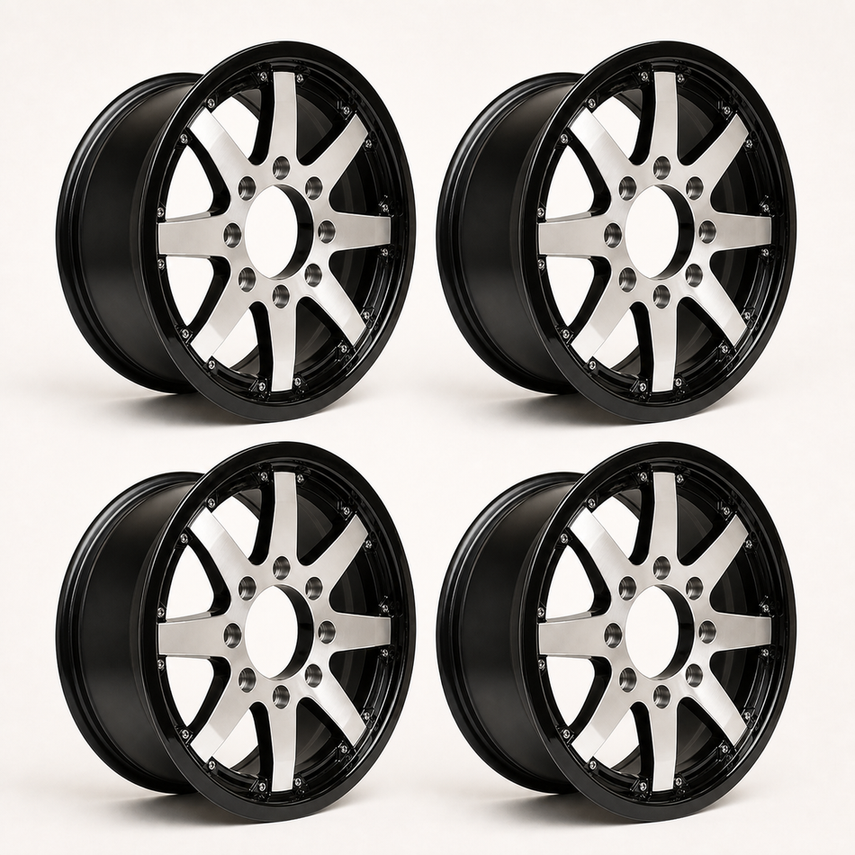 Set of 4 — 16x6 Trailer Wheel 8 Lug (8x6.5) Aluminum Black Machined — Rhino Classic 801