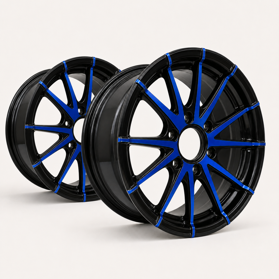 Set of 2 — 15x5 Trailer Wheel 5 Lug (5x4.5) Aluminum Blue & Black — Rhino CW515