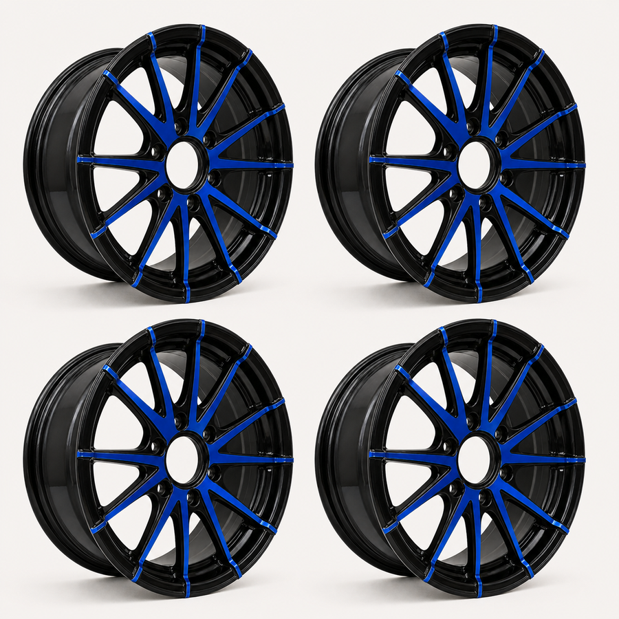 Set of 4 — 15x5 Trailer Wheel 5 Lug (5x4.5) Aluminum Blue & Black — Rhino CW515