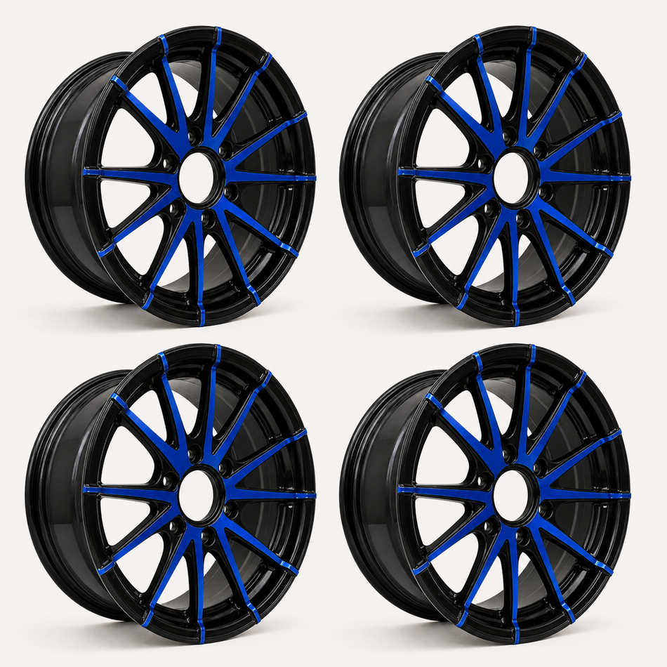 Set of 4 — 15x5 Trailer Wheel 5 Lug (5x4.5) Aluminum Blue & Black — Rhino CW515