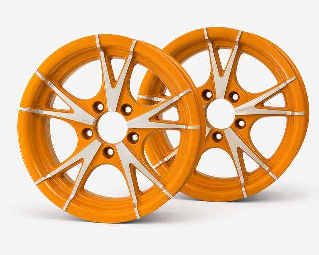 Set of 2 — 15x5 Trailer Wheel 5 Lug (5x4.5) Aluminum Orange Machined — Rhino CW515