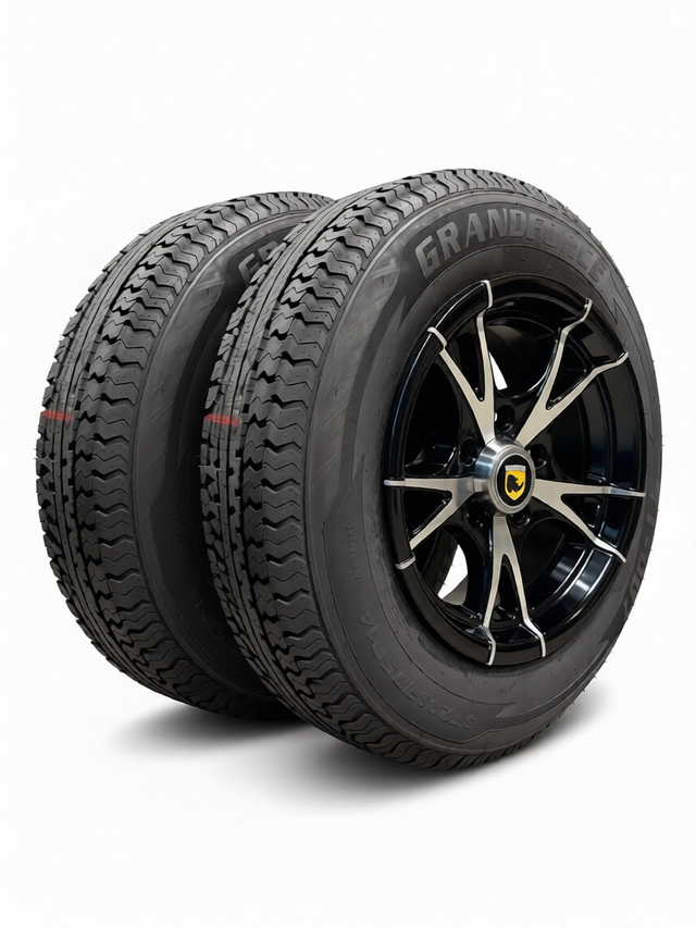 SET OF 2 GRANDFORCE Trailer Tires ST205/75R14 on 14x5.5 5x4.5 Black Machined Wheels Assembly Tire& Rim