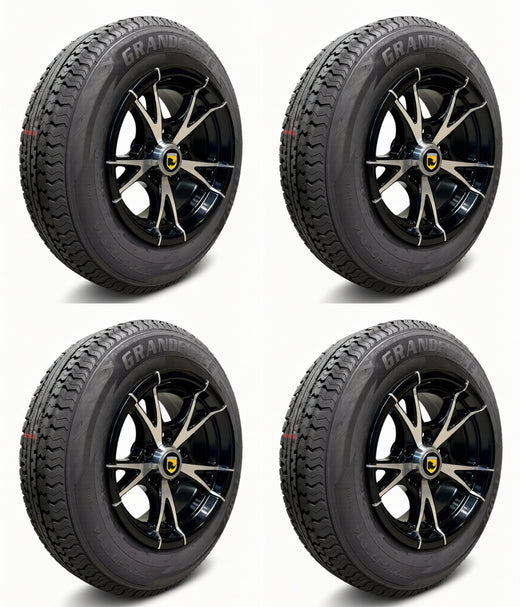 SET OF 4 GRANDFORCE Trailer Tires ST205/75R14 on 14x5.5 5x4.5 Black Machined Wheels Assembly
