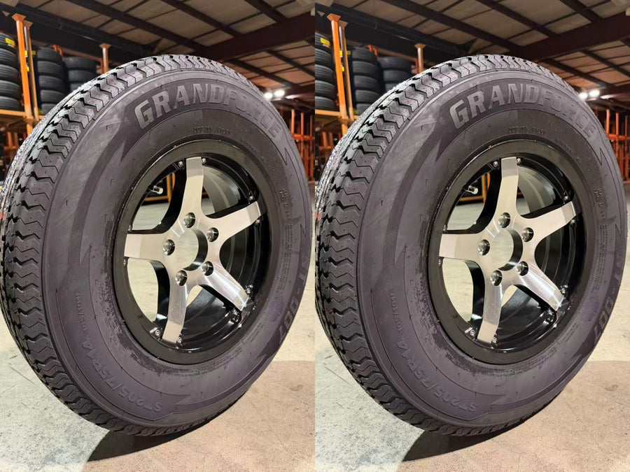 SET OF 2 GRANDFORCE Trailer Tires ST205/75R14 on 14x5.5 5x4.5 Black Classic Wheels Assembly