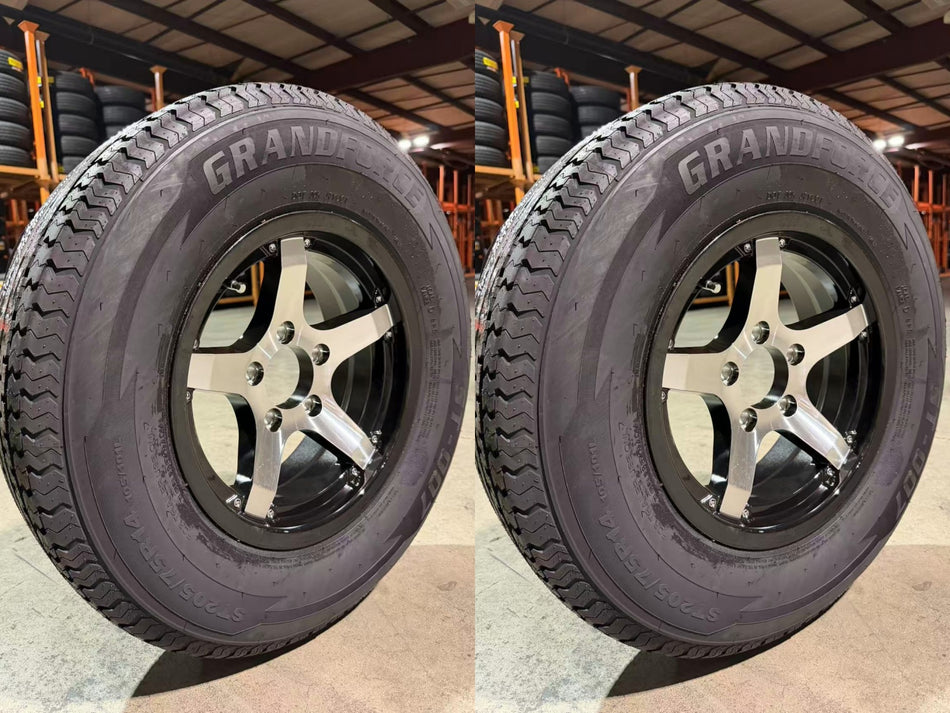 SET OF 2 GRANDFORCE Trailer Tires ST205/75R14 on 14x5.5 5x4.5 Black Classic Wheels Assembly