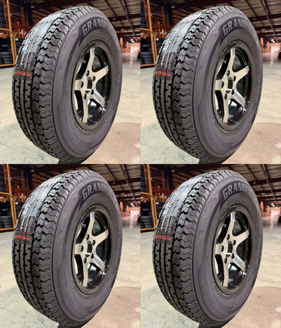 SET OF 4 GRANDFORCE Trailer Tires ST205/75R14 on 14x5.5 5x4.5 Black Classic Wheels Assembly