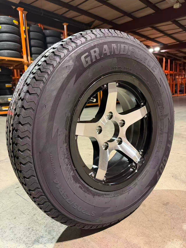 1PCS GRANDFORCE Trailer Tires ST205/75R14 on 14x5.5 5x4.5 Black Classic Wheels Assembly