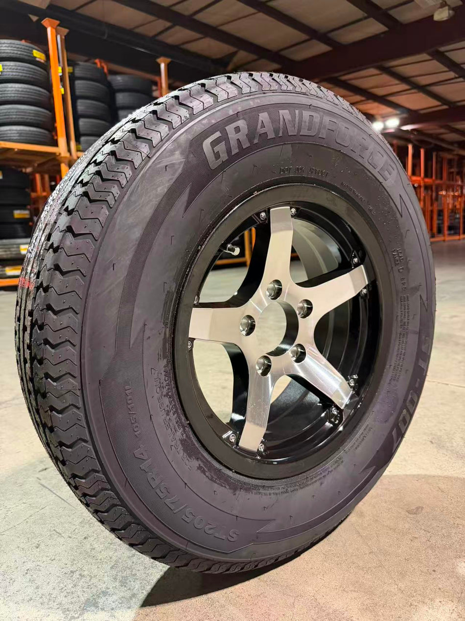 1PCS GRANDFORCE Trailer Tires ST205/75R15  8PR on 15x5 5x4.5  Black Mod Wheels Assembly