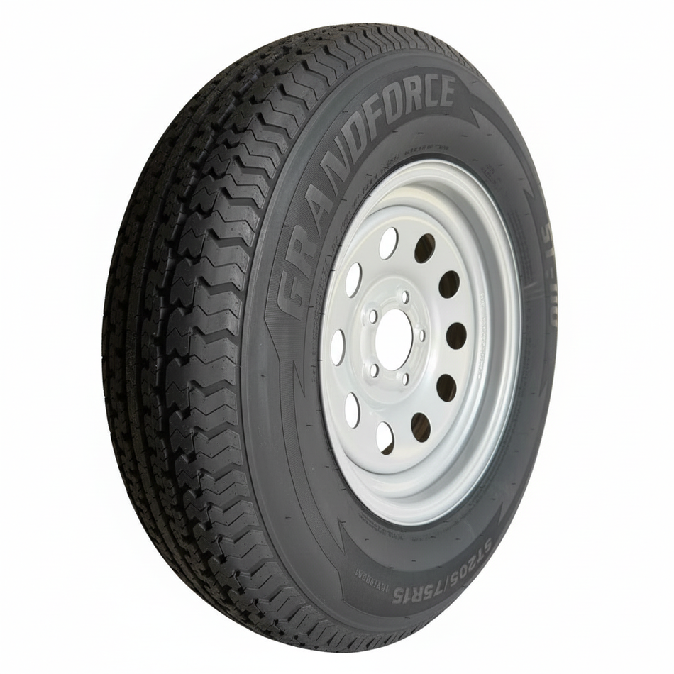 1PC Grandforce Trailer Tire & Wheel Assembly ST205/75R15 8PR on 15x5 5x4.5 Silver Modular
