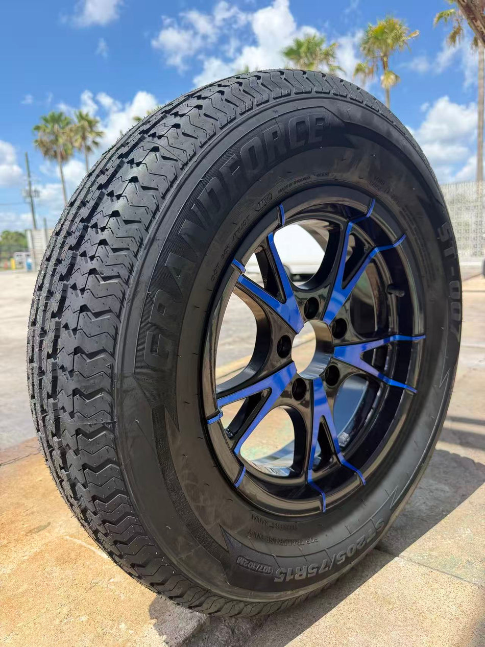 1PC Grandforce Trailer Tire & Wheel Assembly ST205/75R15 8PR on 15x5 5x4.5 Blue Machined Face