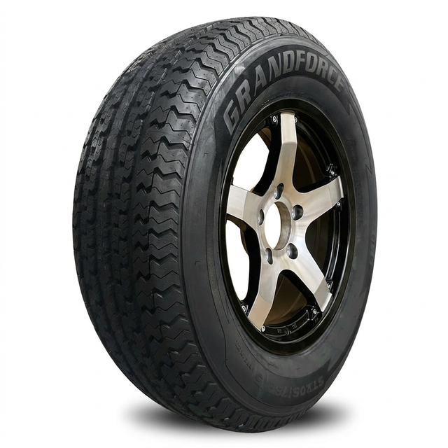 1PC Grandforce Trailer Tire & Wheel Assembly ST205/75R15 8PR on 15x5 5x4.5 Black Machined Classic Aluminum