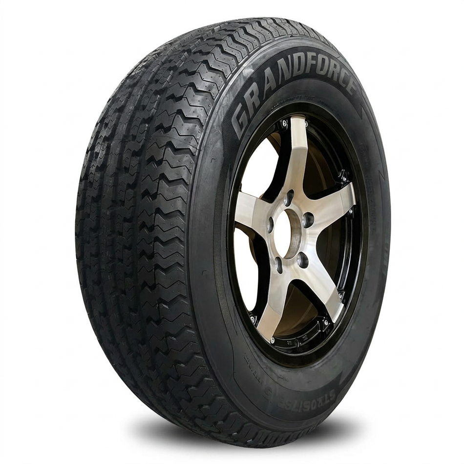 1PC Grandforce Trailer Tire & Wheel Assembly ST205/75R15 8PR on 15x5 5x4.5 Black Machined Classic Aluminum