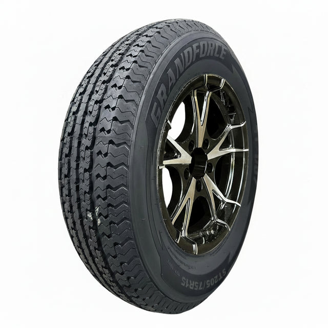 1PC Grandforce Trailer Tire & Wheel Assembly ST205/75R15 8PR on 15x5 5x4.5 Black Machined Face