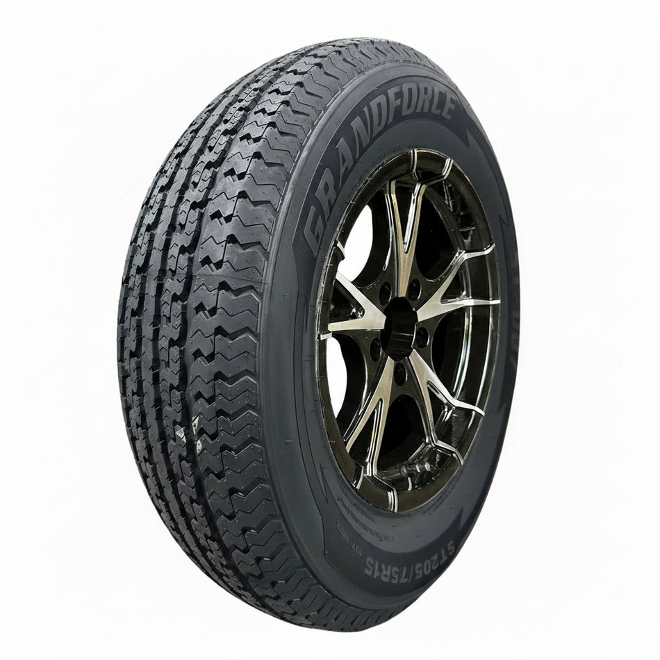 1PC Grandforce Trailer Tire & Wheel Assembly ST205/75R15 8PR on 15x5 5x4.5 Black Machined Face