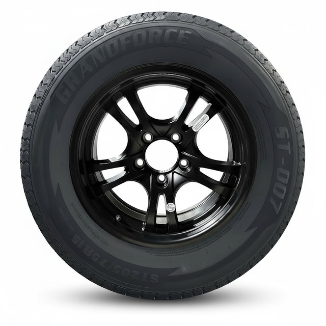 1PC Grandforce Trailer Tire & Wheel Assembly ST205/75R15 8PR on 15x5 5x4.5 Black Fully Painted Aluminum