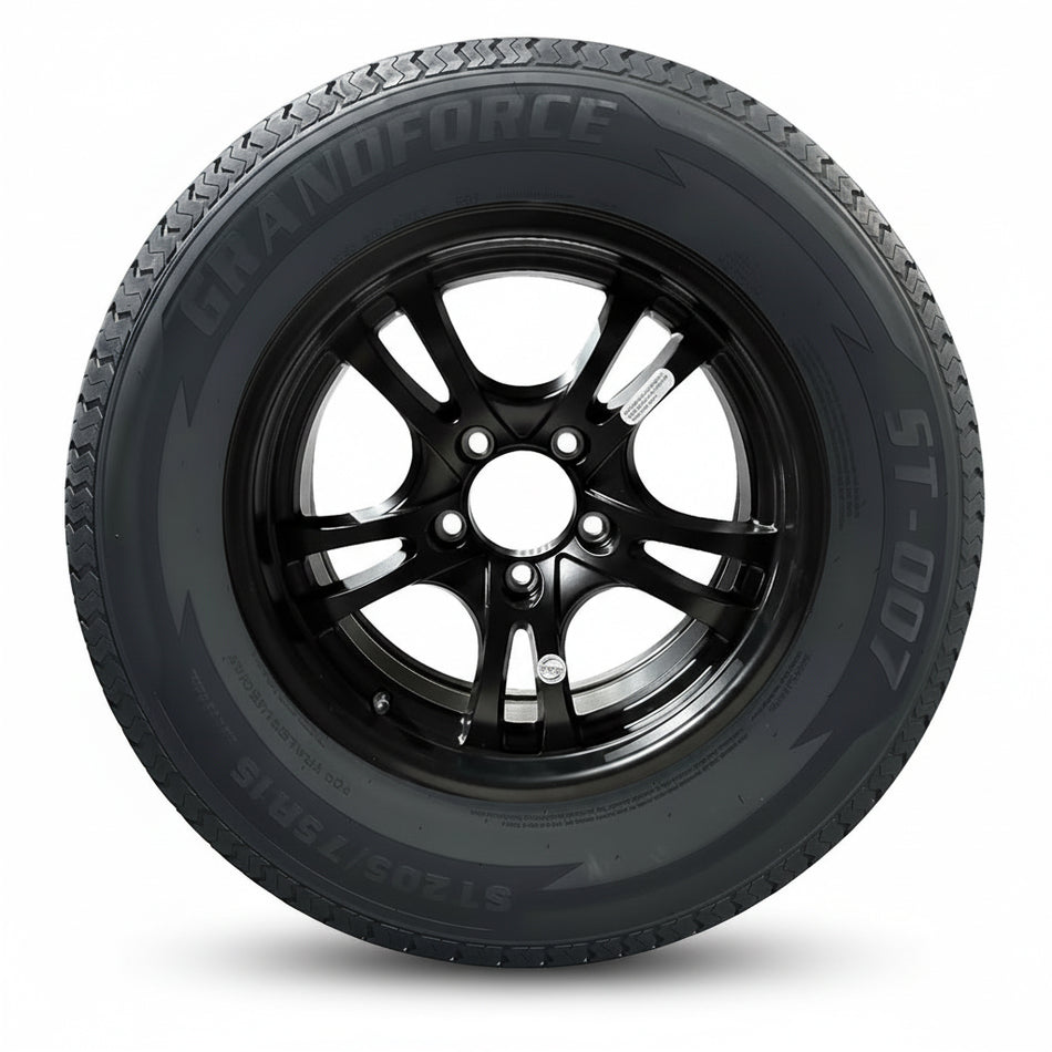 1PC Grandforce Trailer Tire & Wheel Assembly ST205/75R15 8PR on 15x5 5x4.5 Black Fully Painted Aluminum