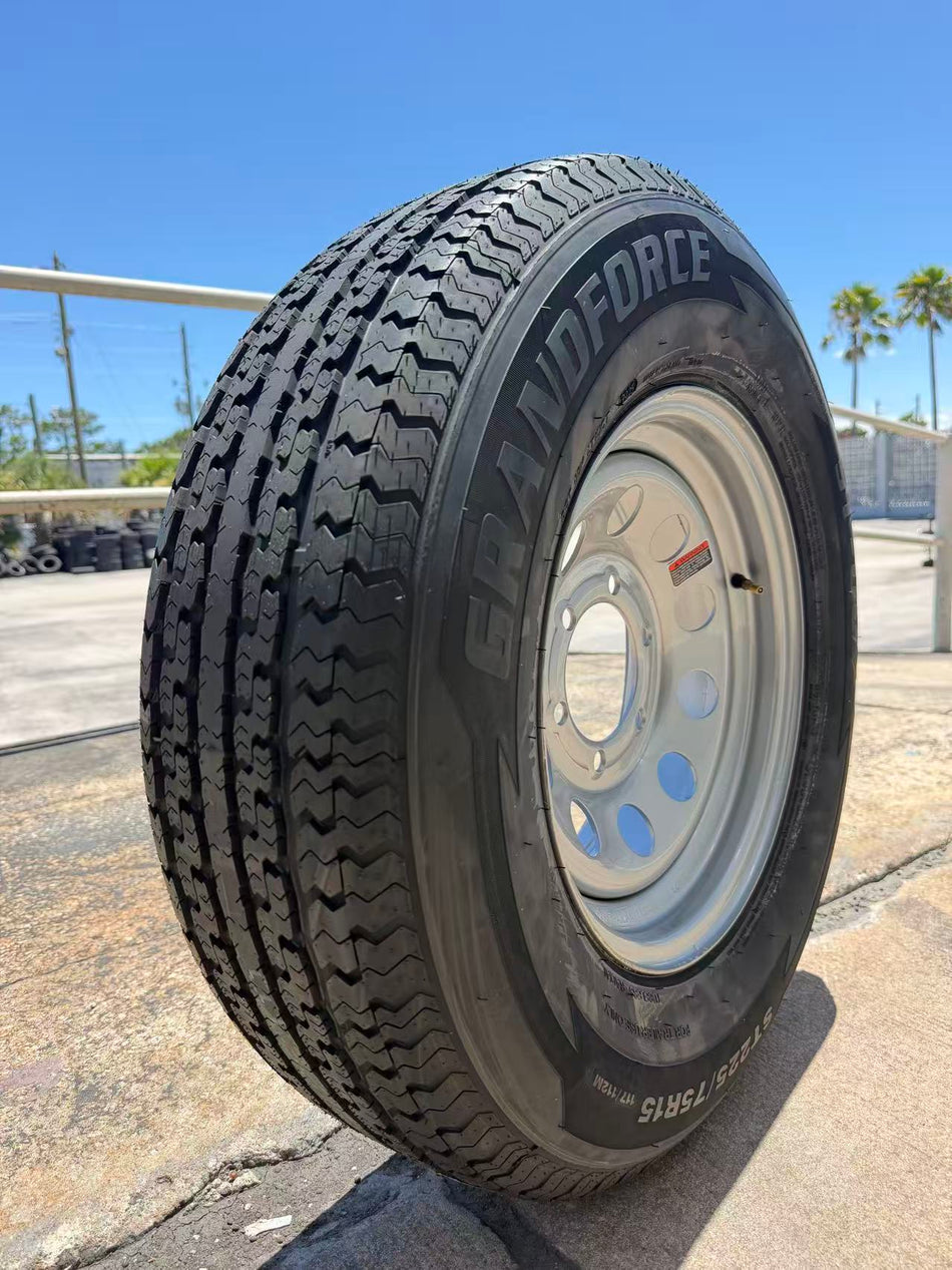 1PC Grandforce Trailer Tire & Wheel Assembly ST225/75R15 10PR on 15x6 6x5.5 Silver Modular