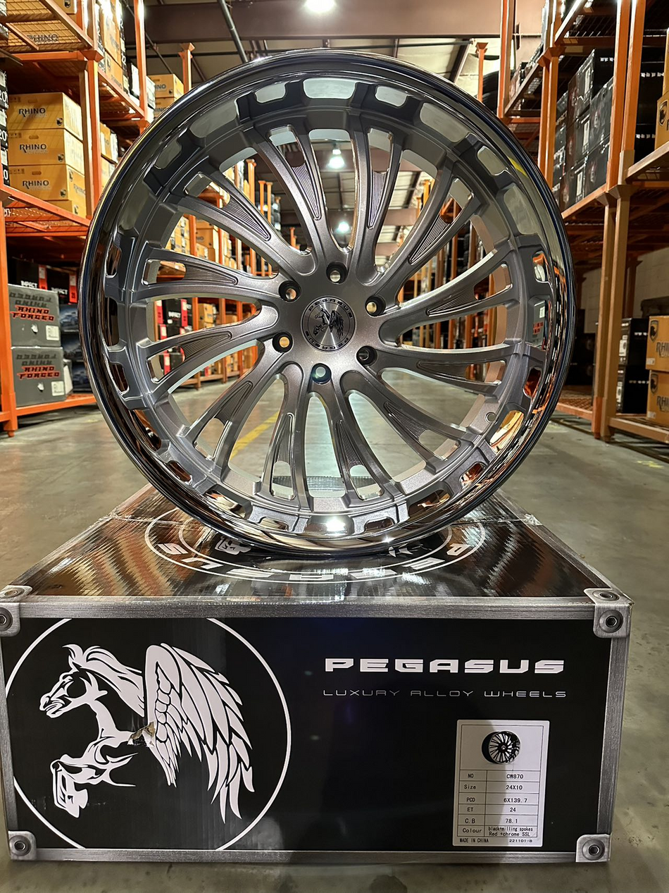 Set of 4 PEGASUS 24x9 Silver Milling Spokes+Chrome SSL 6X139.7 ET+20 CB 78.1