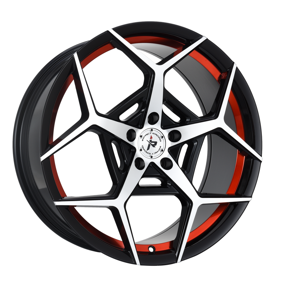 Impact Racing 20X8.5 Wheel |5X108 PCD |35mm Offset |73.1mm CB Gloss Black Machine Face and undercut with red clear coat Rims