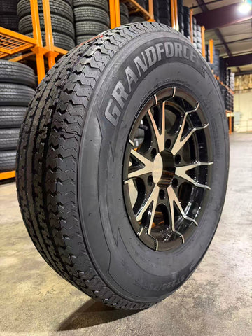 1PC Grandforce Trailer Tire & Wheel Assembly ST225/75R15 10PR on 15x6 6x5.5 Black Machined Face