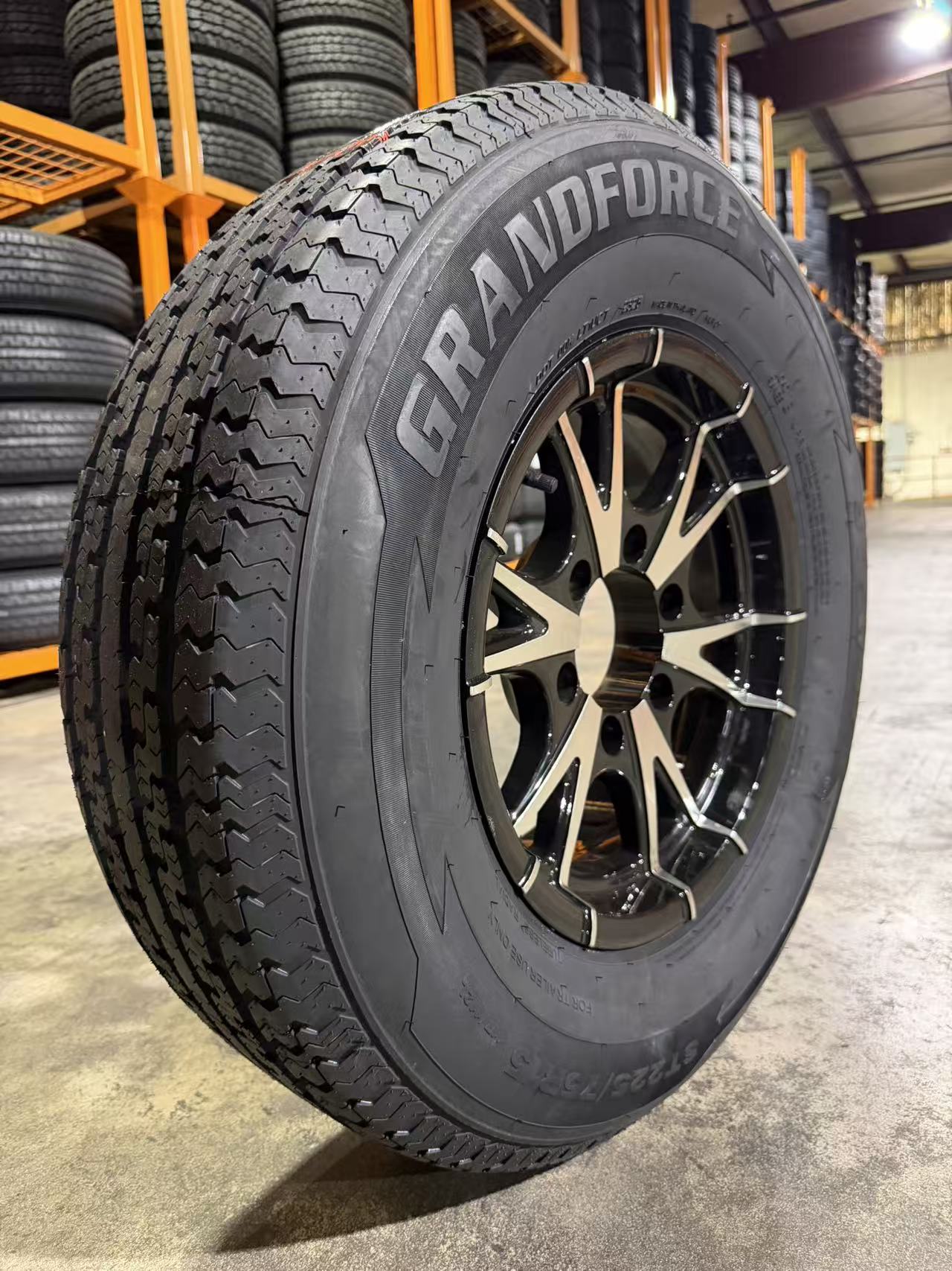 1PC Grandforce Trailer Tire & Wheel Assembly ST225/75R15 10PR on 15x6 6x5.5 Black Machined Face