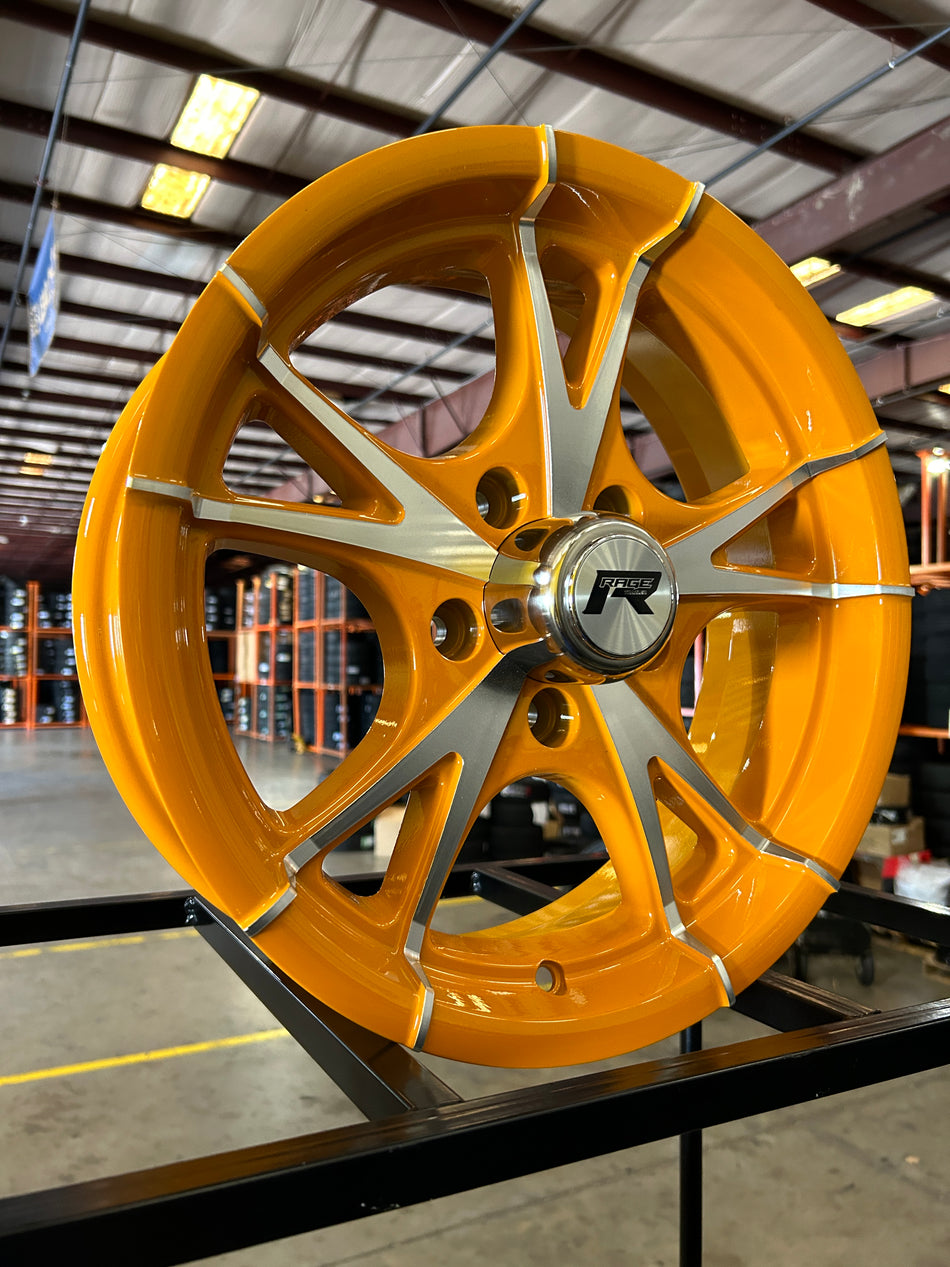 SET OF 4 RHINO ALUMINUM TRAILER RV WHEEL CW515 15X5, 5X4.5 5 LUG ORANGE MACHINE