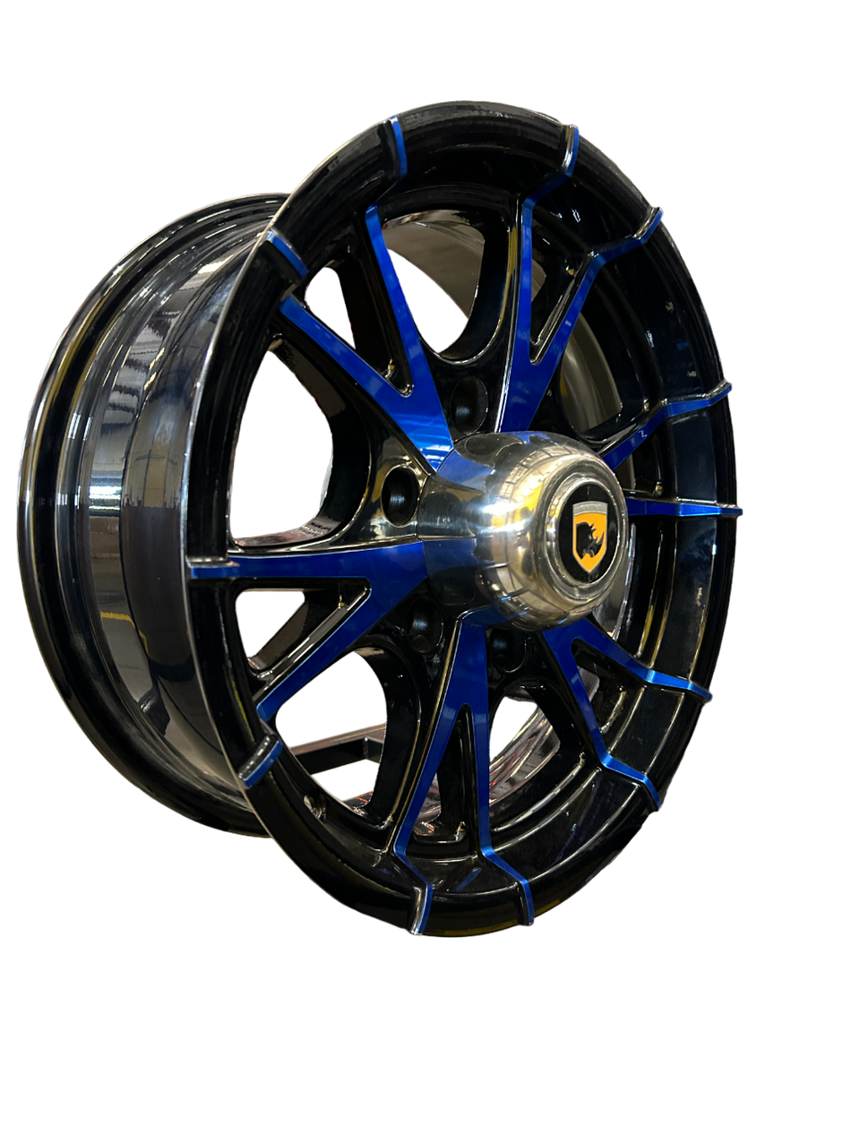 SET OF 4 RHINO ALUMINUM TRAILER RV WHEEL CW515 15X5, 5X4.5 5 LUG BLACK & BLUE FACE