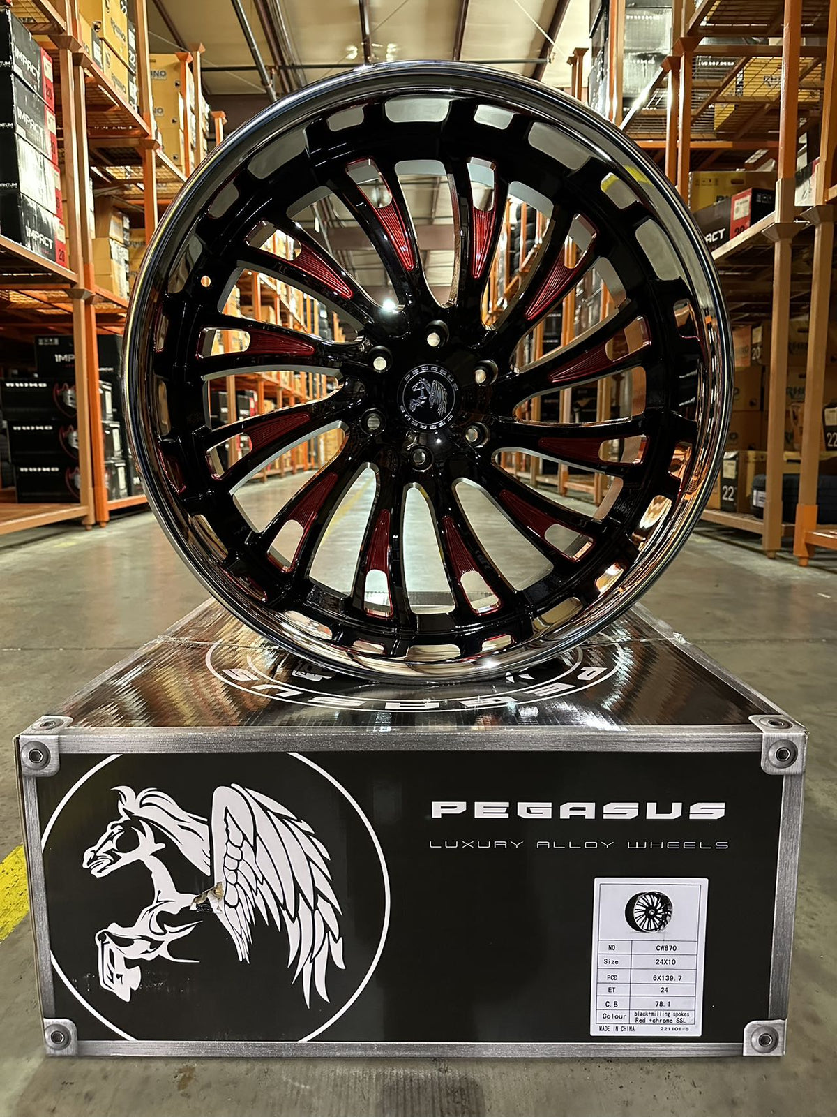 SET OF 2 PEGASUS 24x10 + 2 PEGASUS 24x9 STAGGERED STREET 6X139.7 BLACK RED MILLED WITH CHROME