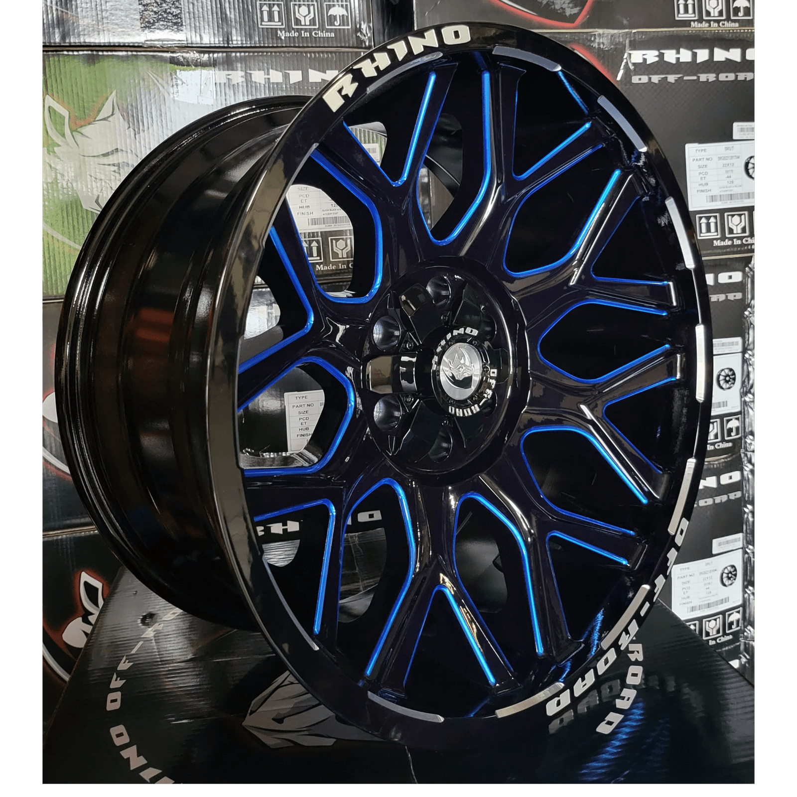 SET OF 5 22X12 RHINO PREDATOR OFFROAD WHEELS BLUE MILLING WINDOW & RIVETS 5x139.7/5x127
