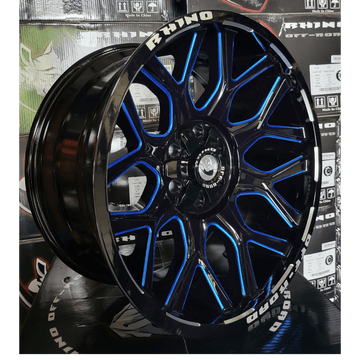 20X10 RHINO PREDATOR OFFROAD WHEELS BLUE MILLING WINDOW & RIVETS 139.7+150X10H